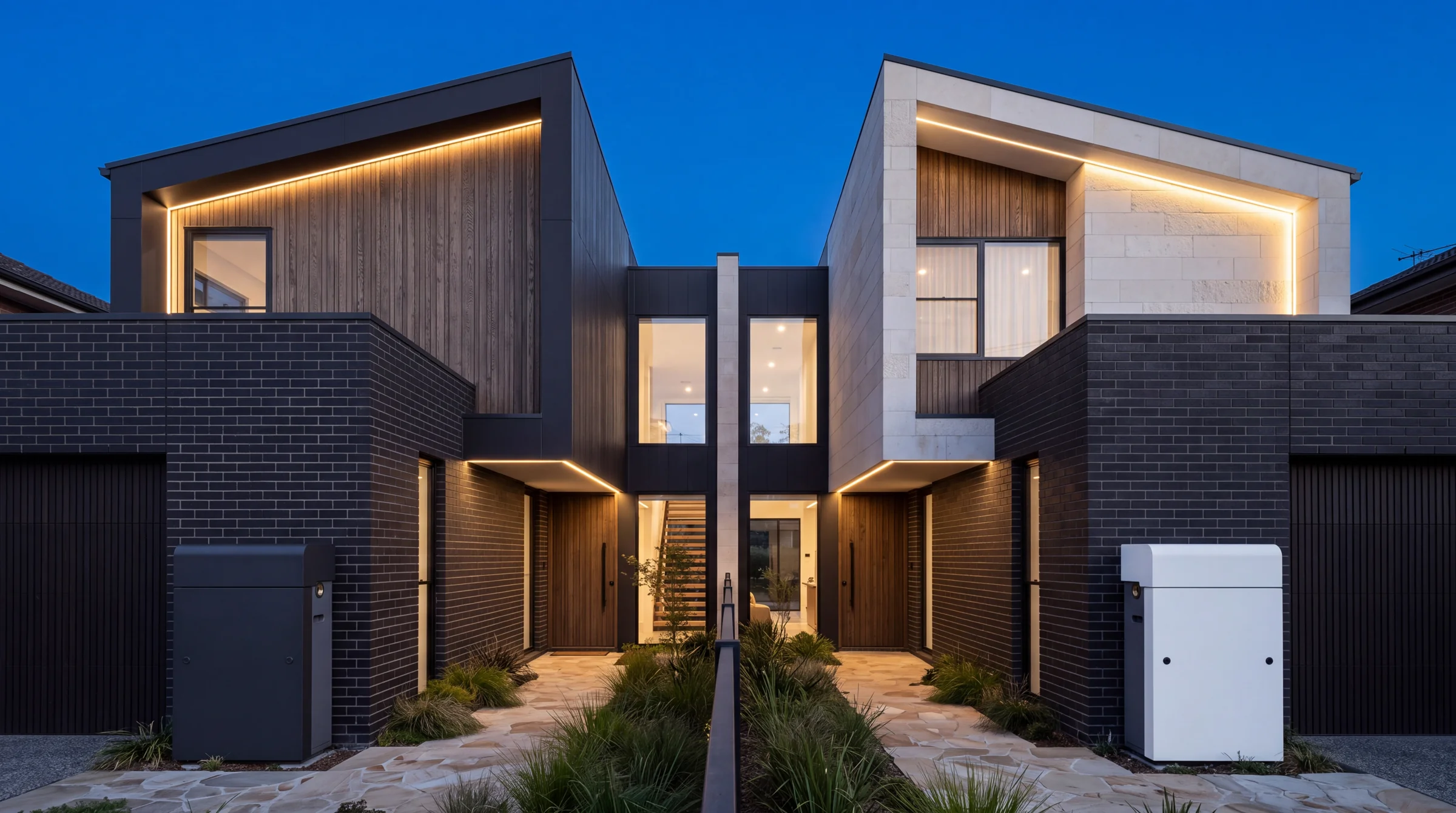 A new duplex at dusk with a whole house filtration cabinet out front, architectural illustration