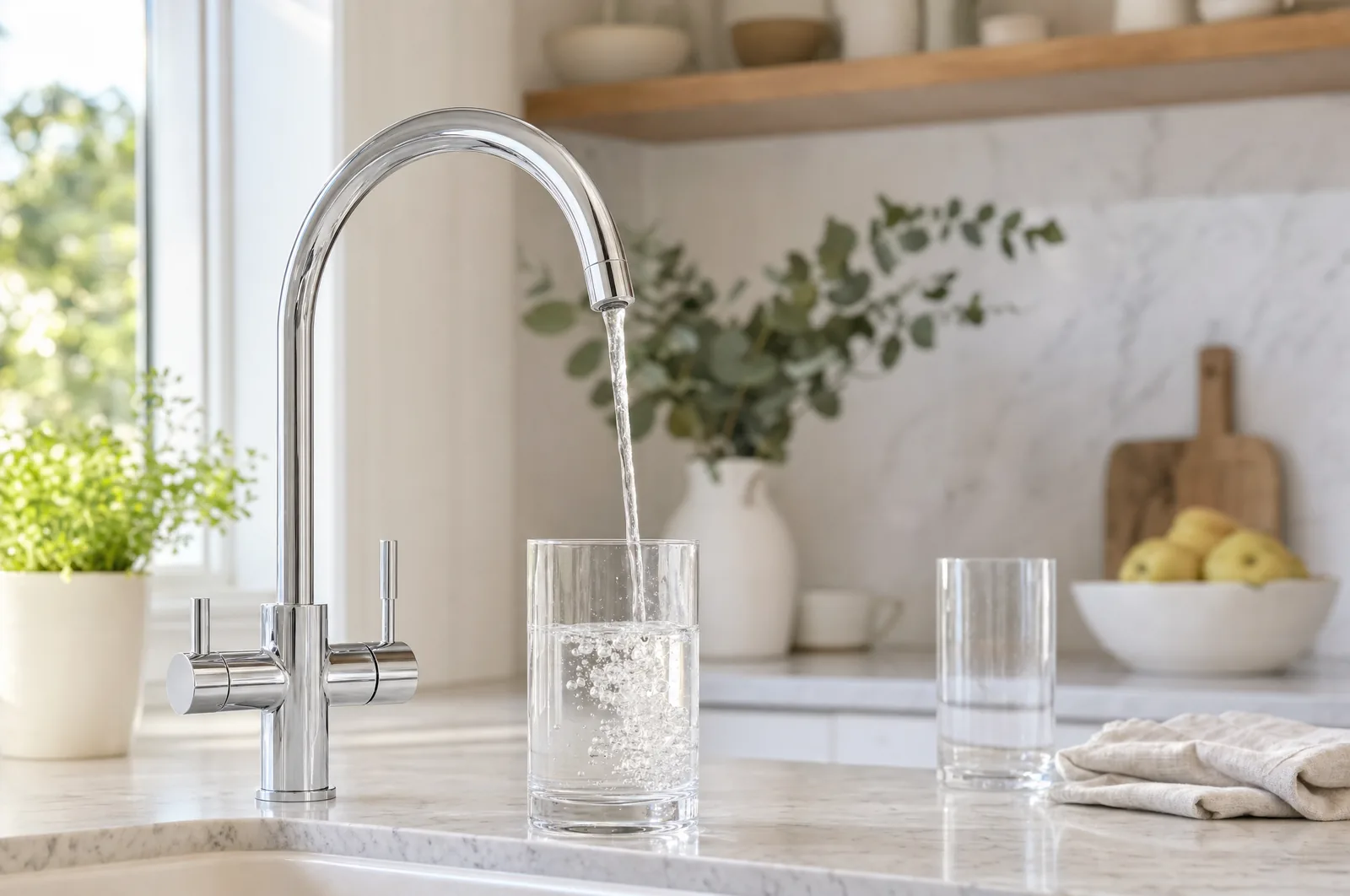Filtered water pouring into a glass at the kitchen sink