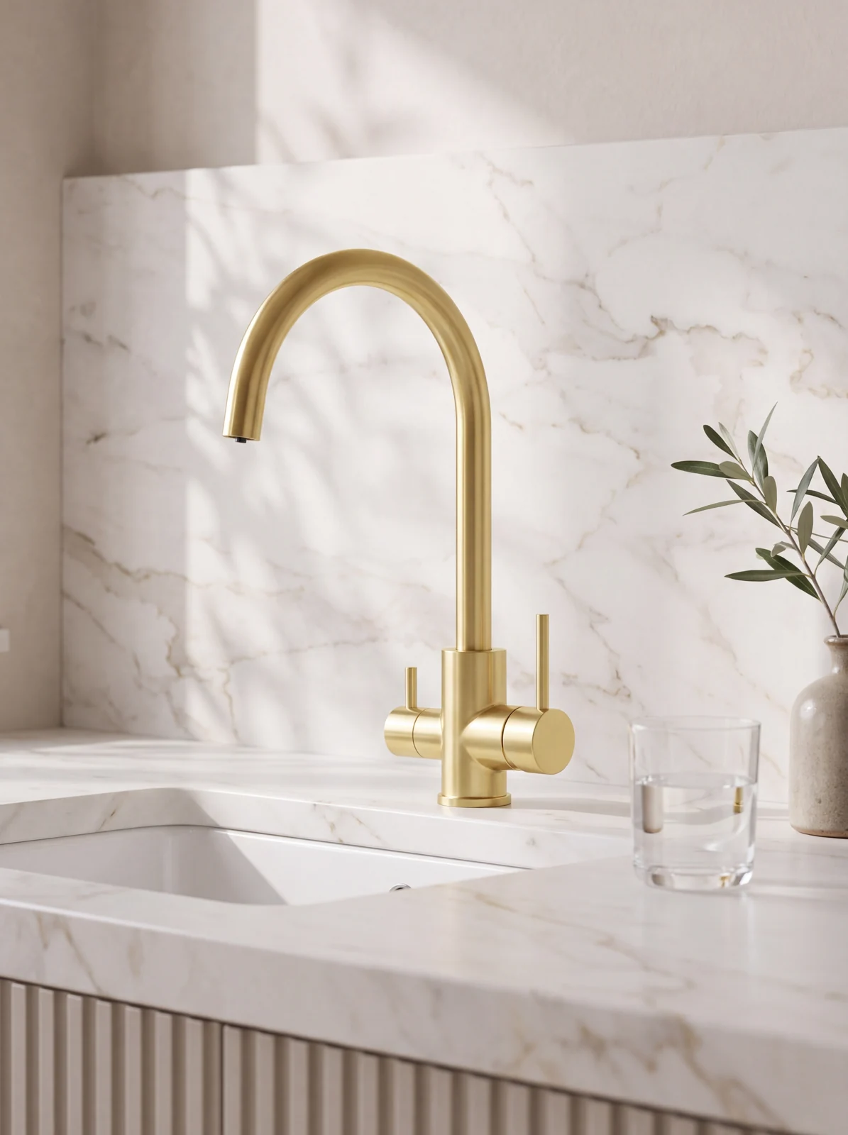 The Classic three way mixer in brushed gold on a marble kitchen bench