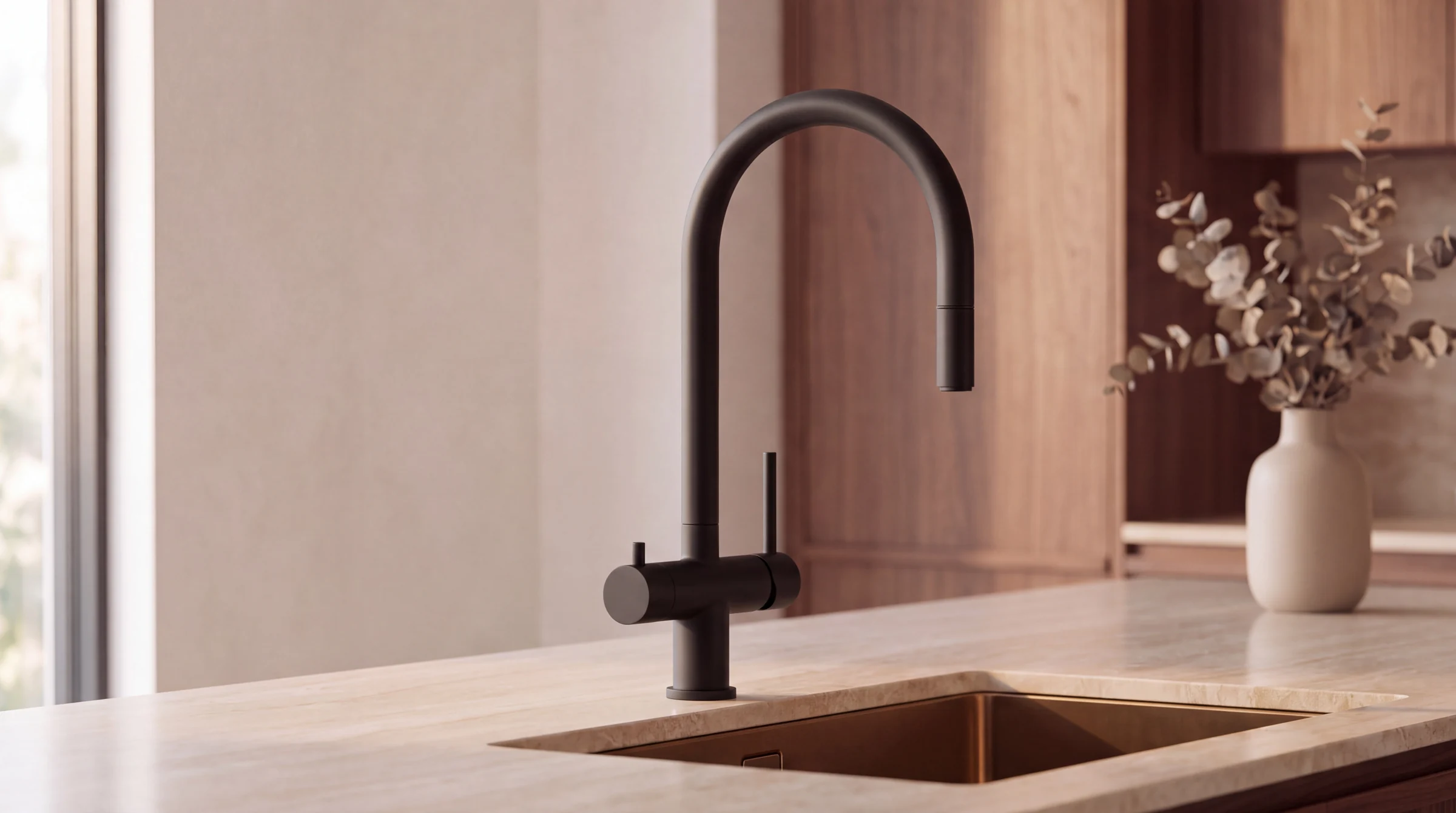 Matte black three way mixer in a kitchen, studio illustration