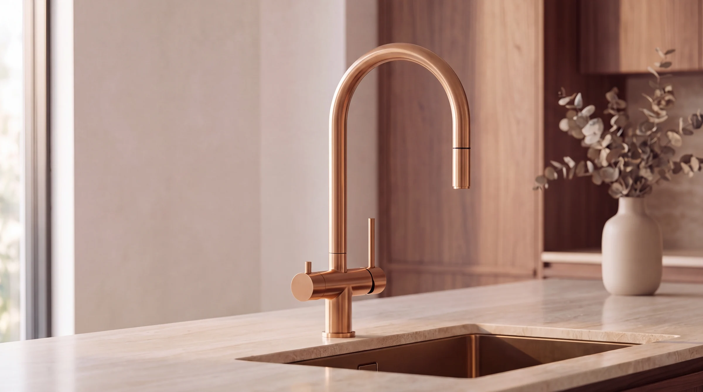 Brushed copper three way mixer in a kitchen, studio illustration