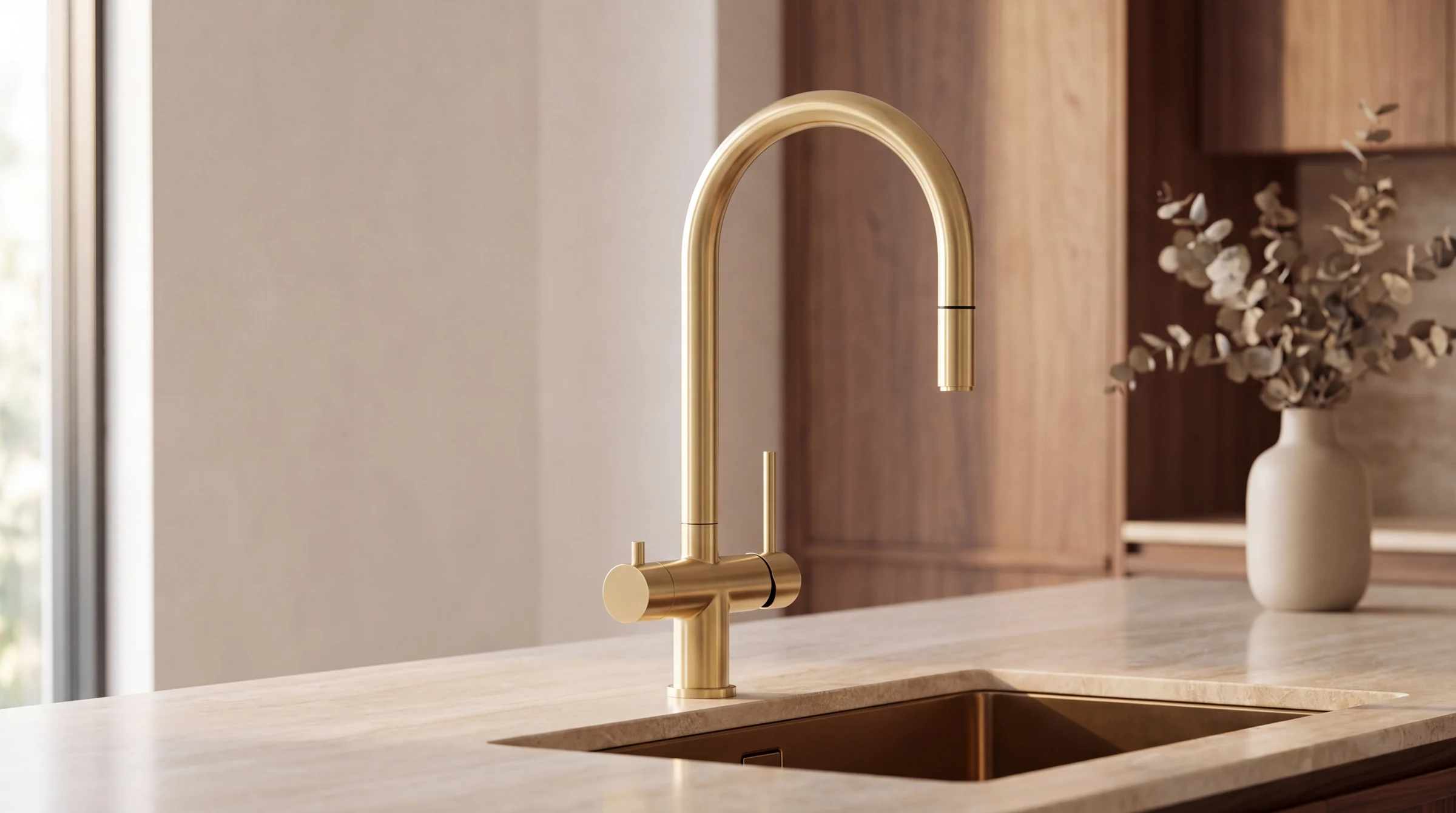 Brushed gold three way mixer in a kitchen, studio illustration