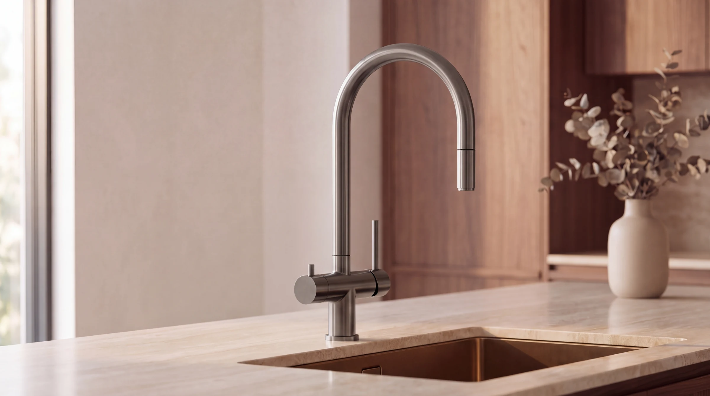 Gunmetal three way mixer in a kitchen, studio illustration